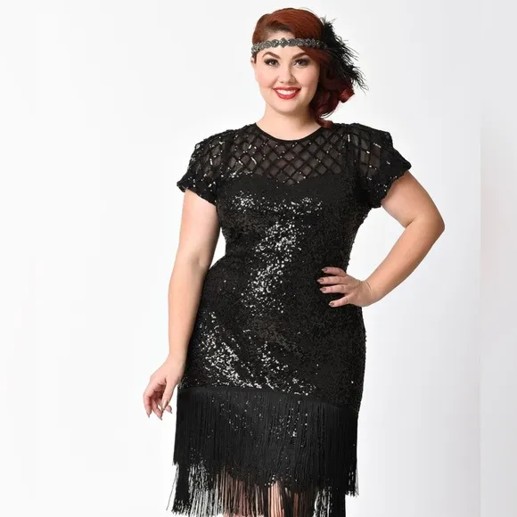 Unique Vintage 1920s Black Sequin Fringe Del Mar Flapper Cocktail Dress Size XL