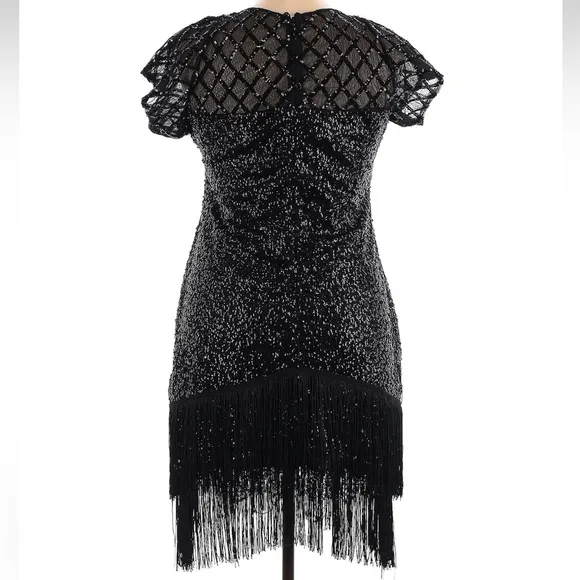 Unique Vintage 1920s Black Sequin Fringe Del Mar Flapper Cocktail Dress Size XL