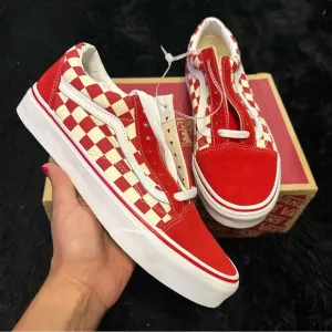 VANS old skool checkerboard red suede lace up shoes sneakers women’s 8.5 new