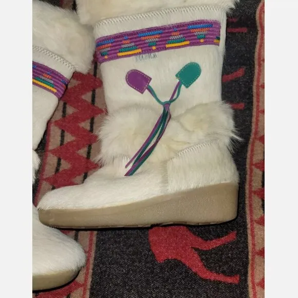 Vintage MINT Tecnica Italy White Fur Ski Snow Boots Skandia Aztec Goat EU37 US 7