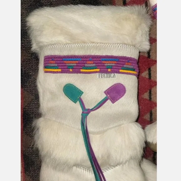 Vintage MINT Tecnica Italy White Fur Ski Snow Boots Skandia Aztec Goat EU37 US 7
