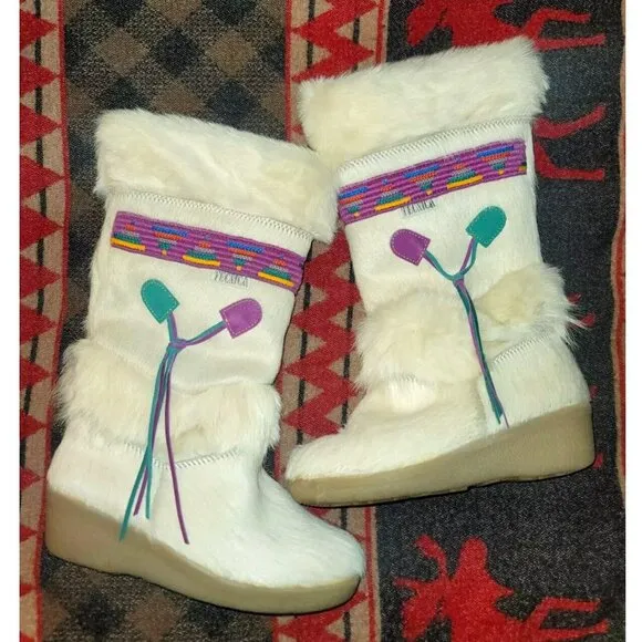 Vintage MINT Tecnica Italy White Fur Ski Snow Boots Skandia Aztec Goat EU37 US 7