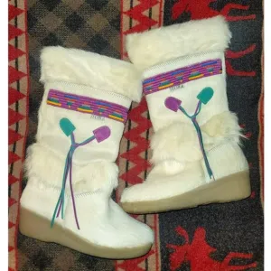 Vintage MINT Tecnica Italy White Fur Ski Snow Boots Skandia Aztec Goat EU37 US 7