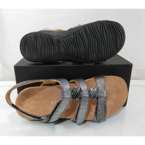 Vionic Amber Adjustable Backstrap Slide Sandals Black Metallic Linen