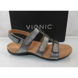 Vionic Amber Adjustable Backstrap Slide Sandals Black Metallic Linen