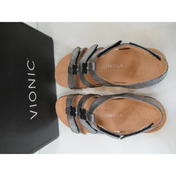 Vionic Amber Adjustable Backstrap Slide Sandals Black Metallic Linen