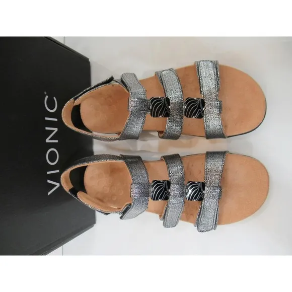 Vionic Amber Adjustable Backstrap Slide Sandals Black Metallic Linen