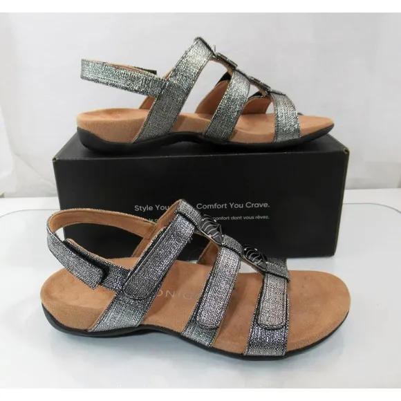 Vionic Amber Adjustable Backstrap Slide Sandals Black Metallic Linen