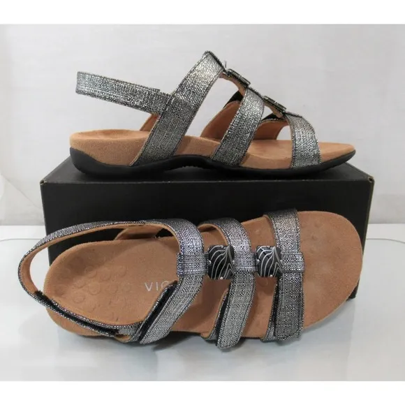 Vionic Amber Adjustable Backstrap Slide Sandals Black Metallic Linen