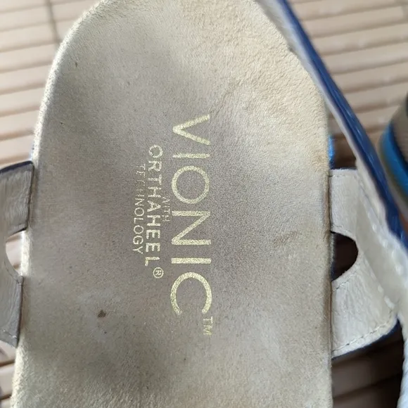 Vionic &quot;Enisa&quot; women's sz 5 open toe Orthotic Rainbow Platform two blue leather