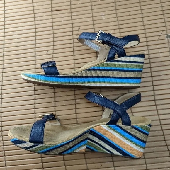 Vionic &quot;Enisa&quot; women's sz 5 open toe Orthotic Rainbow Platform two blue leather