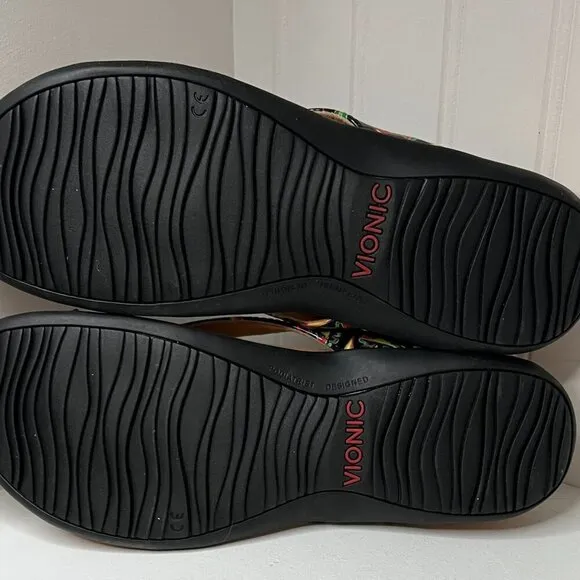 Vionic Bella 11 Toe Post Sandal in Black Multi Patent Size 9.5 N