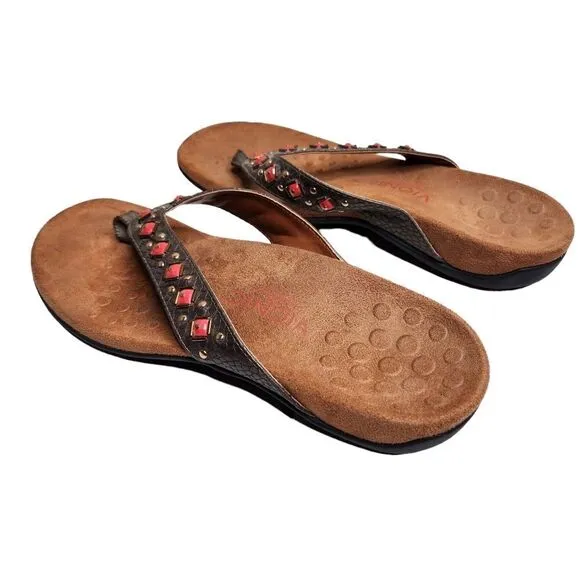 Vionic Floriana women's gray leather beaded thong orthotic sandals Size 9