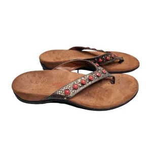 Vionic Floriana women's gray leather beaded thong orthotic sandals Size 9
