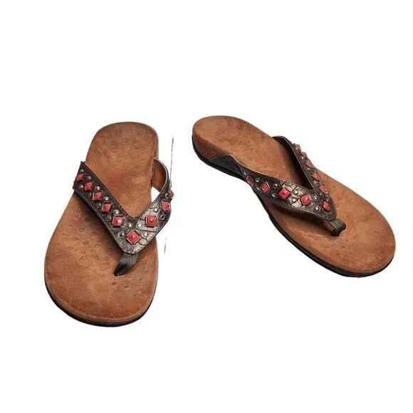 Vionic Floriana women's gray leather beaded thong orthotic sandals Size 9
