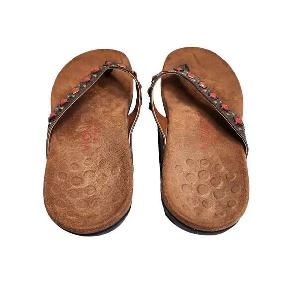 Vionic Floriana women's gray leather beaded thong orthotic sandals Size 9