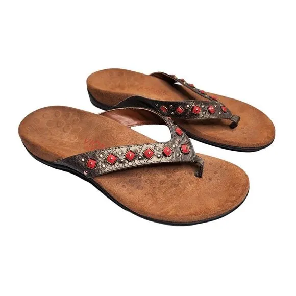 Vionic Floriana women's gray leather beaded thong orthotic sandals Size 9