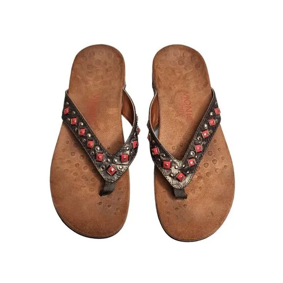 Vionic Floriana women's gray leather beaded thong orthotic sandals Size 9