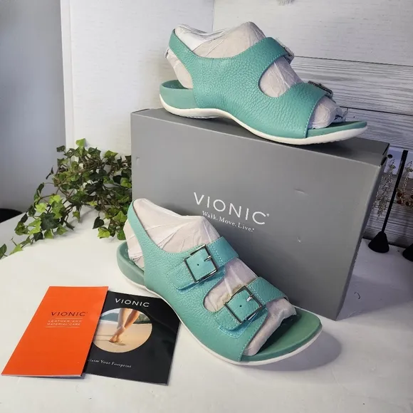 Vionic Leather Adjustable Buckle Sandals Albie Wasabi NWB