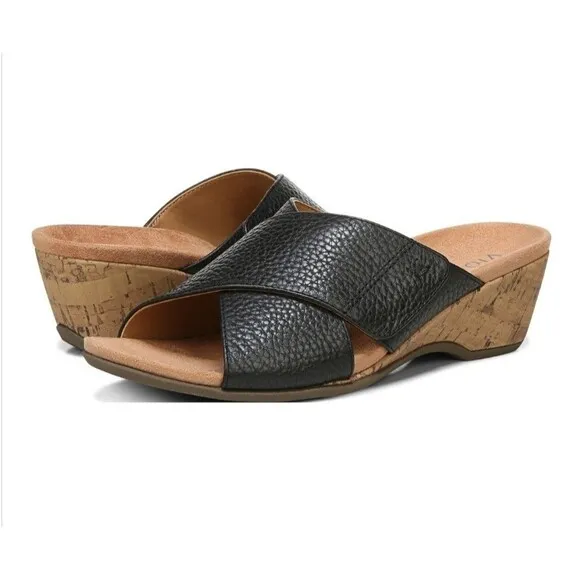 Vionic Leticia Cork Heel Embossed Lizard Print Sandals Black Size 8.5 Crisscross
