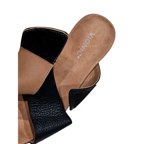 Vionic Leticia Cork Heel Embossed Lizard Print Sandals Black Size 8.5 Crisscross