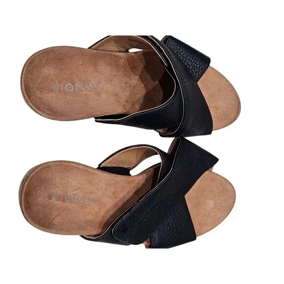 Vionic Leticia Cork Heel Embossed Lizard Print Sandals Black Size 8.5 Crisscross
