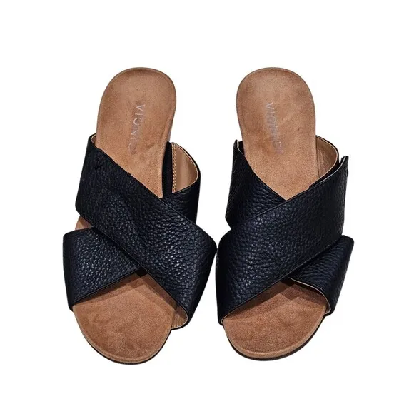 Vionic Leticia Cork Heel Embossed Lizard Print Sandals Black Size 8.5 Crisscross