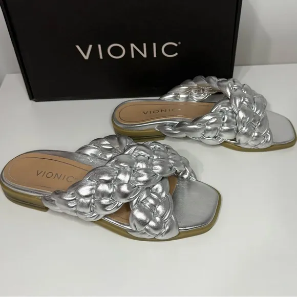 Vionic NIB Metallic Silver Kalina Braided Slide Sandals