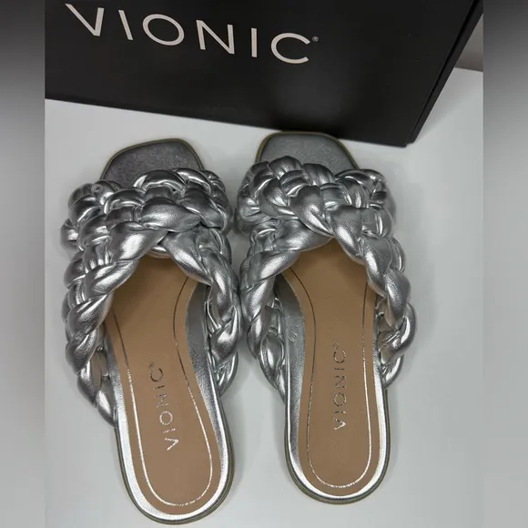 Vionic NIB Metallic Silver Kalina Braided Slide Sandals