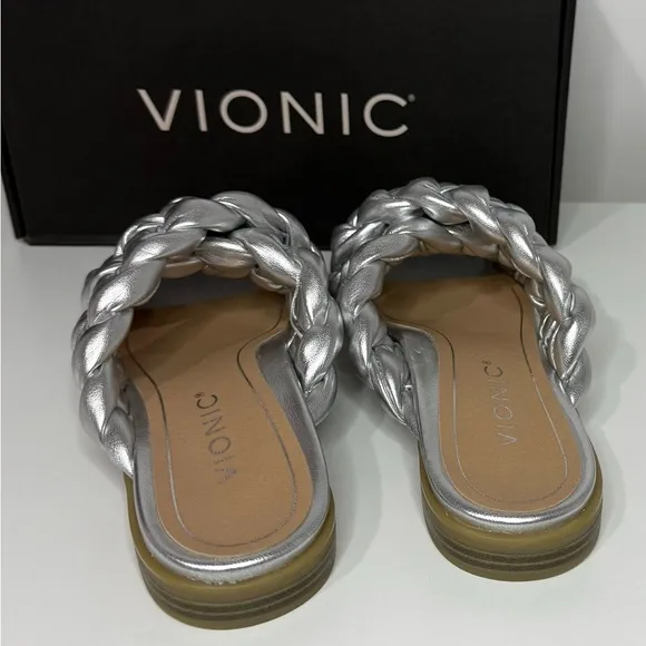 Vionic NIB Metallic Silver Kalina Braided Slide Sandals