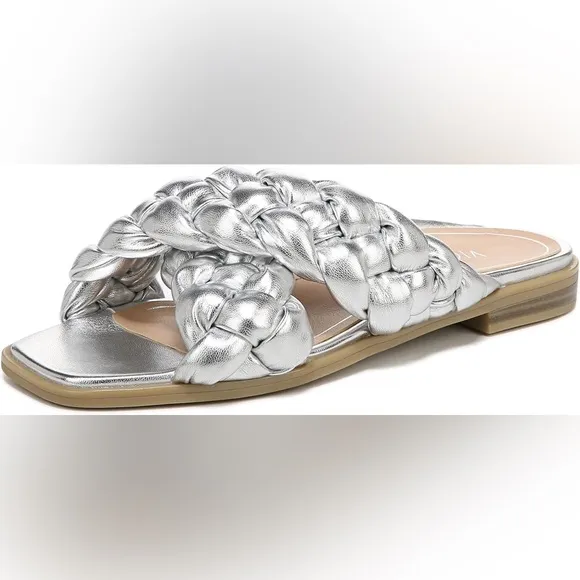Vionic NIB Metallic Silver Kalina Braided Slide Sandals