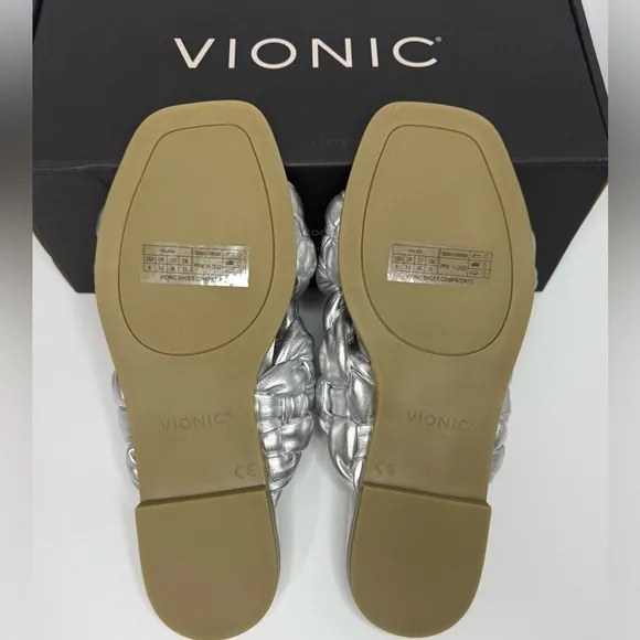 Vionic NIB Metallic Silver Kalina Braided Slide Sandals