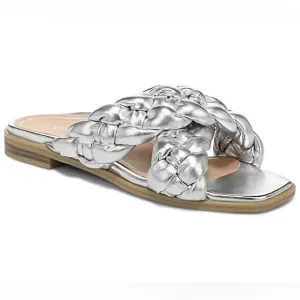 Vionic NIB Metallic Silver Kalina Braided Slide Sandals