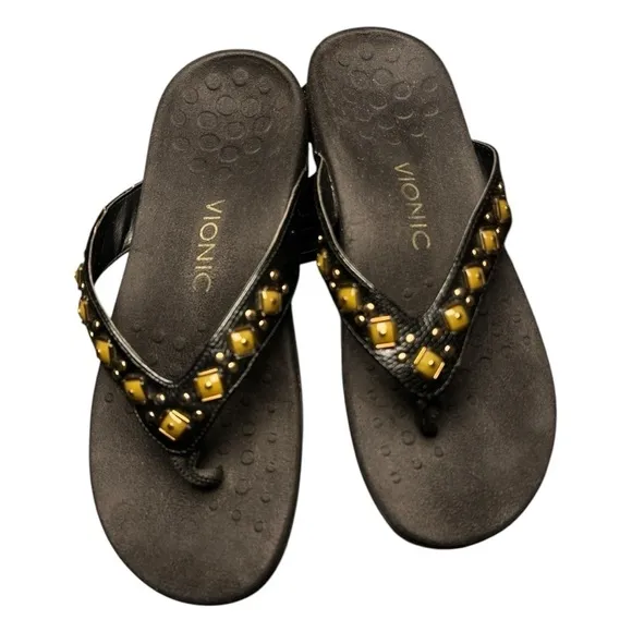VIONIC Orthaheel Floriana Croco Black Jeweled Beaded Orthotic Flip Flops Size 7