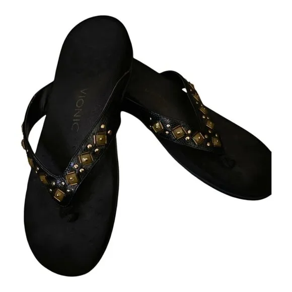 VIONIC Orthaheel Floriana Croco Black Jeweled Beaded Orthotic Flip Flops Size 7