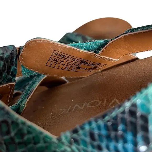 VIONIC Sandals Amber Adjustable Straps Teal Snake Embossed Womens Size 8