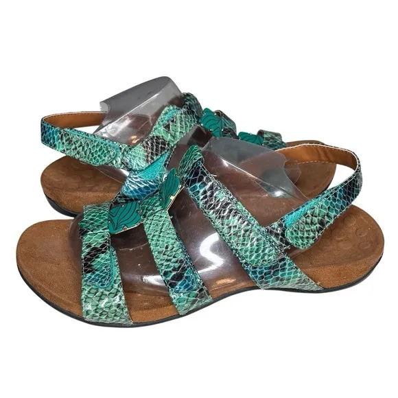 VIONIC Sandals Amber Adjustable Straps Teal Snake Embossed Womens Size 8