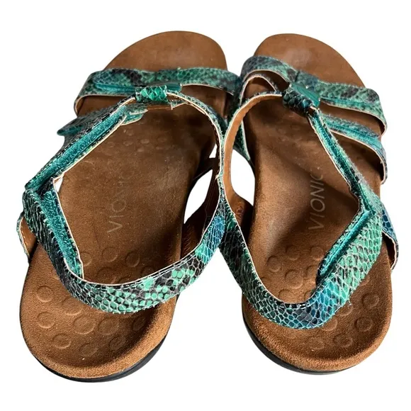 VIONIC Sandals Amber Adjustable Straps Teal Snake Embossed Womens Size 8
