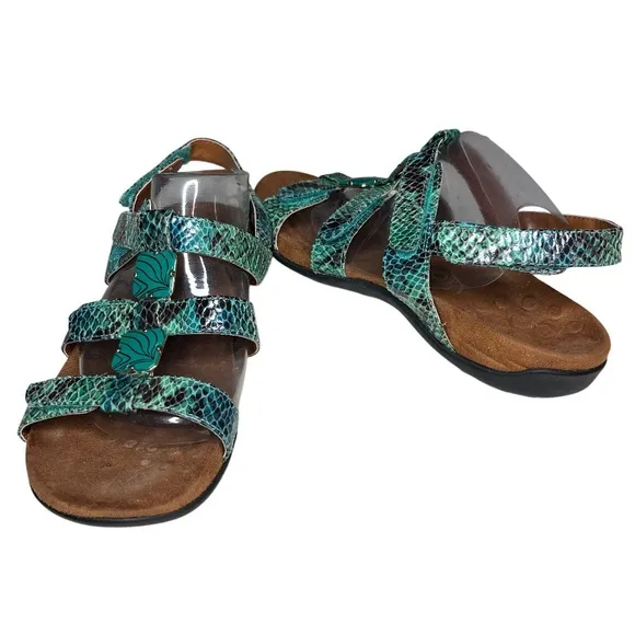 VIONIC Sandals Amber Adjustable Straps Teal Snake Embossed Womens Size 8