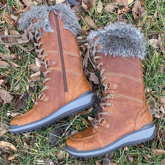 Waterproof winter boots fur brown leather Snow creek tall polar boot merrell
