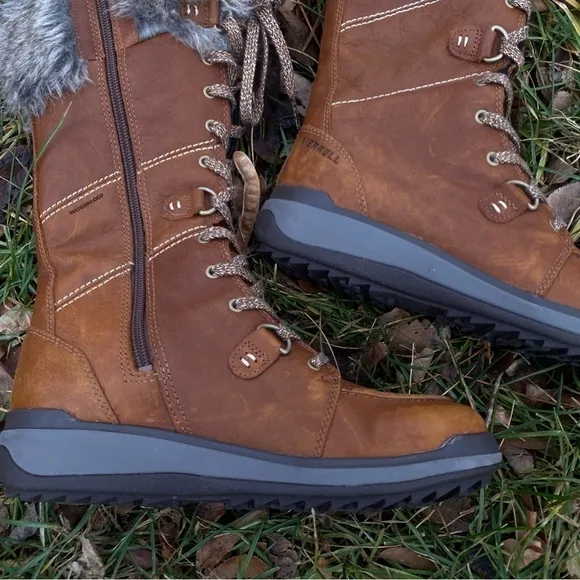 Waterproof winter boots fur brown leather Snow creek tall polar boot merrell
