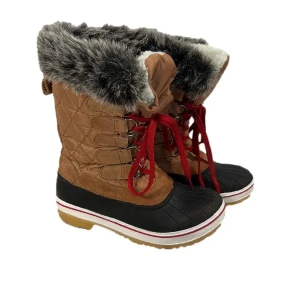 Wild Diva Rain Snow Boots Sz 6 Womens Round Toe Faux Fur Lined Lace Up Mid Calf