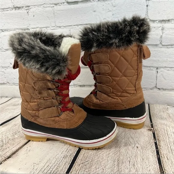 Wild Diva Rain Snow Boots Sz 6 Womens Round Toe Faux Fur Lined Lace Up Mid Calf