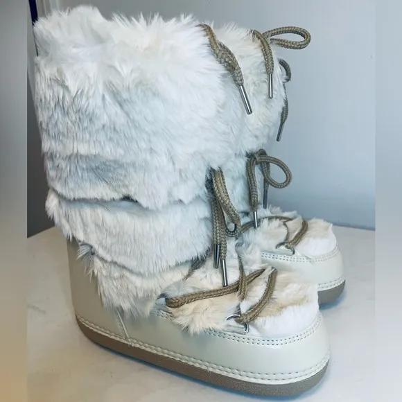 Winter snow boots for Women Mid-Calf Lace-Up Faux Rabbit Fur