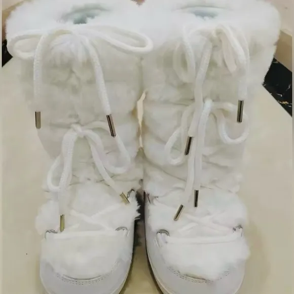Winter snow boots for Women Mid-Calf Lace-Up Faux Rabbit Fur
