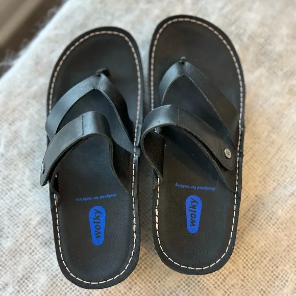 Wolky NEW Tahiti platform sandals black leather comfort shoes Size 6 (37 EU)