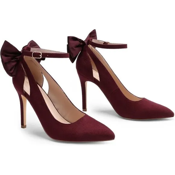 Women Red High Heels Stiletto Strappy Pointed Toe Bow Heel Pumps Sexy Shoes