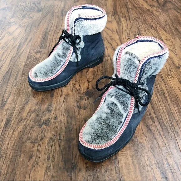 Yodelers • vintage 70s fur trimmed boots black suede faux fur lace up ankle