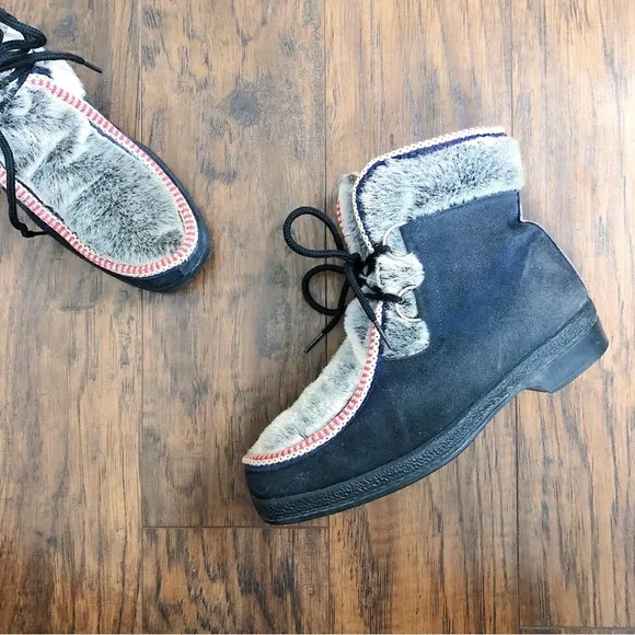 Yodelers • vintage 70s fur trimmed boots black suede faux fur lace up ankle